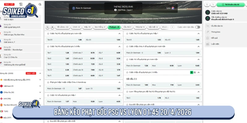 Bảng tỷ lệ phạt góc PSG vs Lyon 01:45 ngày 20/4/2026